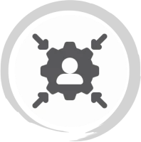 Human silhouette inside cogwheel, arrows surrounding